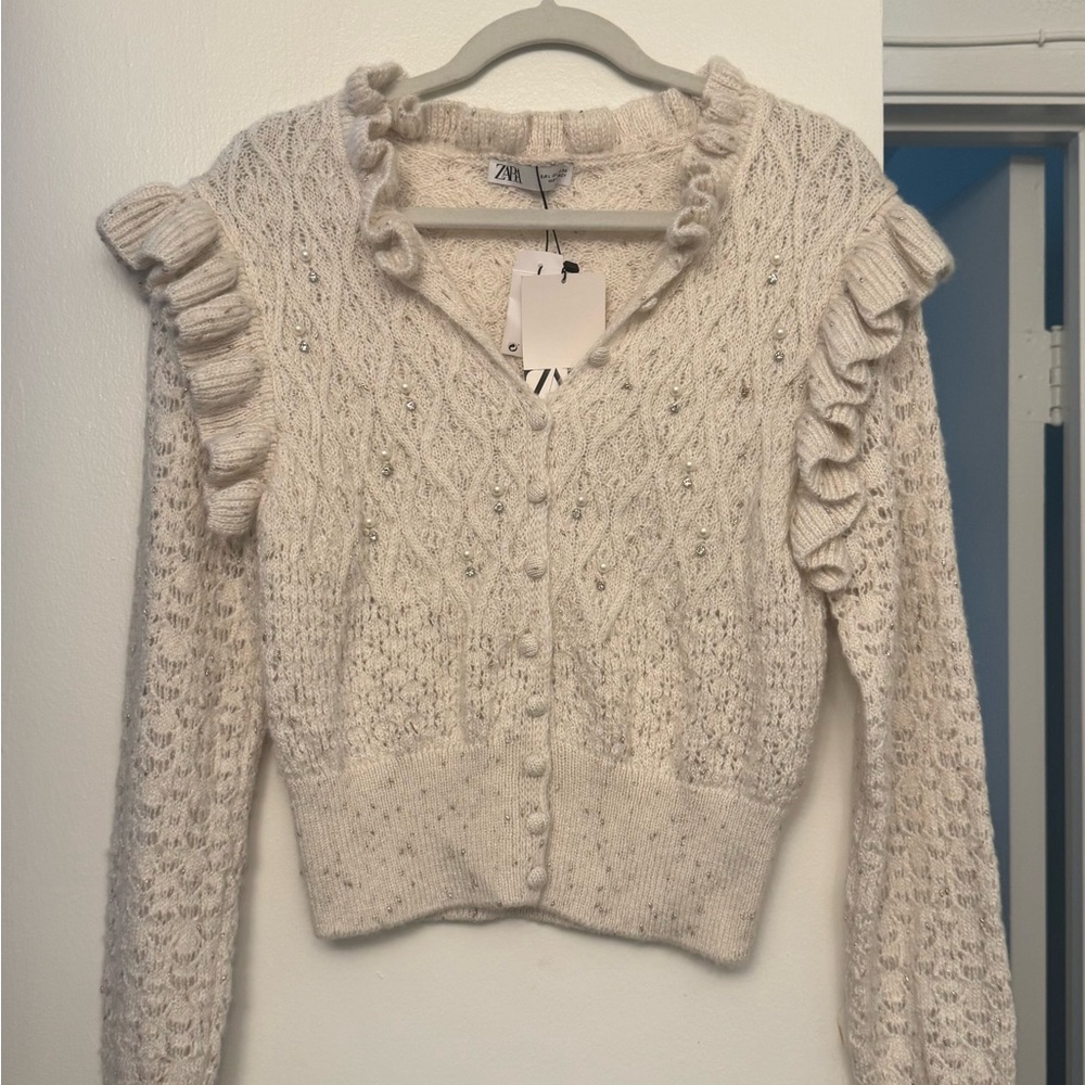 Zara Cream Ruffle Knit Cardigan - Picture 2 of 2